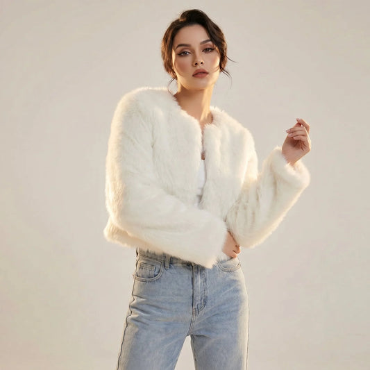 Women's cropped faux fur cardigan jacket – White