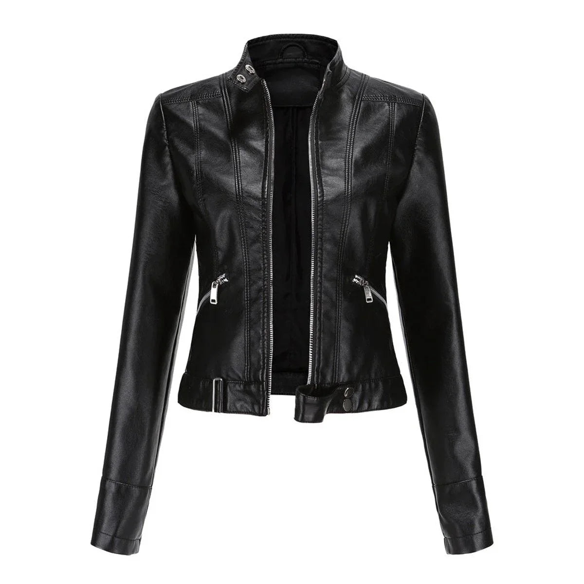 Women's cropped faux leather jacket stand-collar moto biker – Black