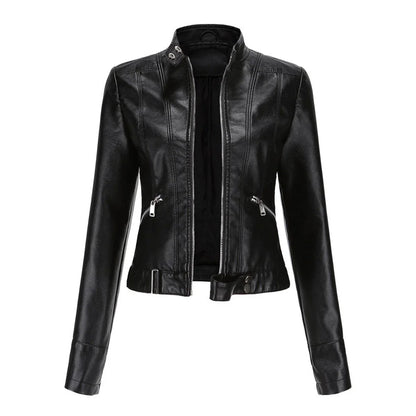 Women's cropped faux leather jacket stand-collar moto biker – Black