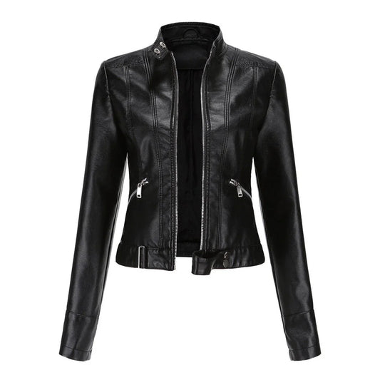 Women's cropped faux leather jacket stand-collar moto biker – Black