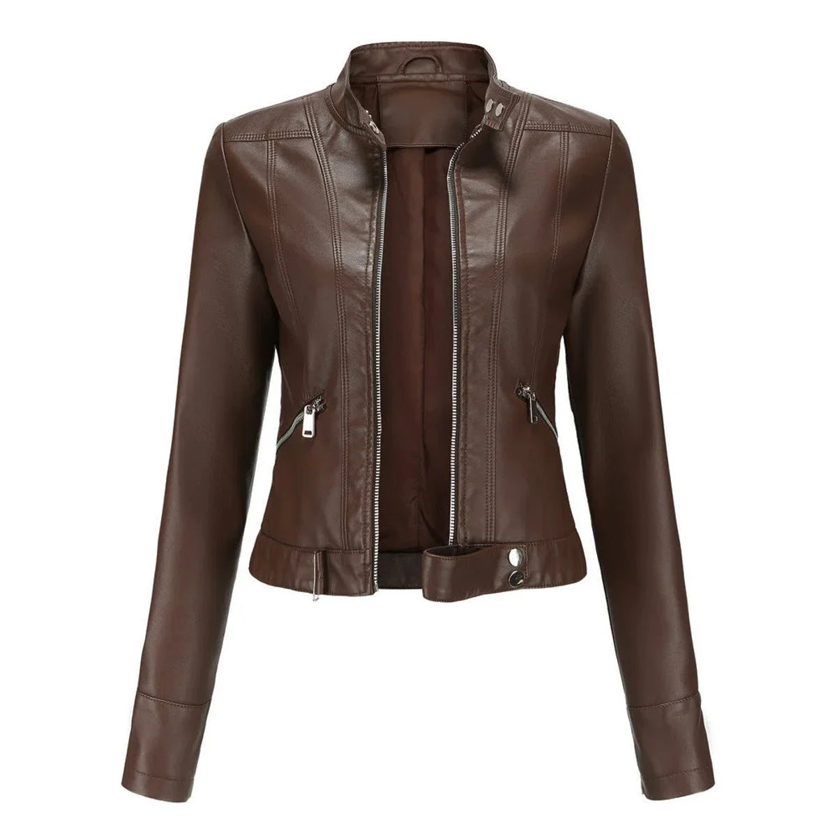 Women's cropped faux leather jacket stand-collar moto biker – Brown