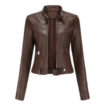 Women's cropped faux leather jacket stand-collar moto biker – Brown