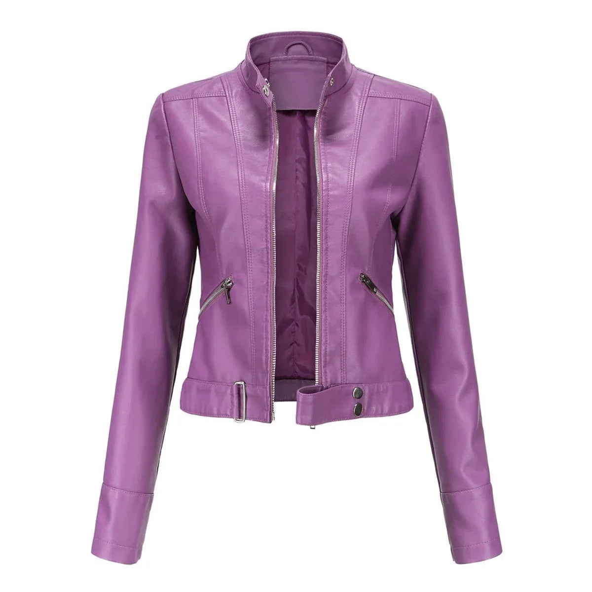 Women's cropped faux leather jacket stand-collar moto biker – Dark Violet