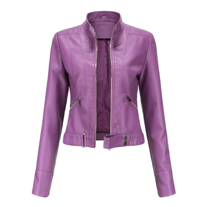 Women's cropped faux leather jacket stand-collar moto biker – Dark Violet