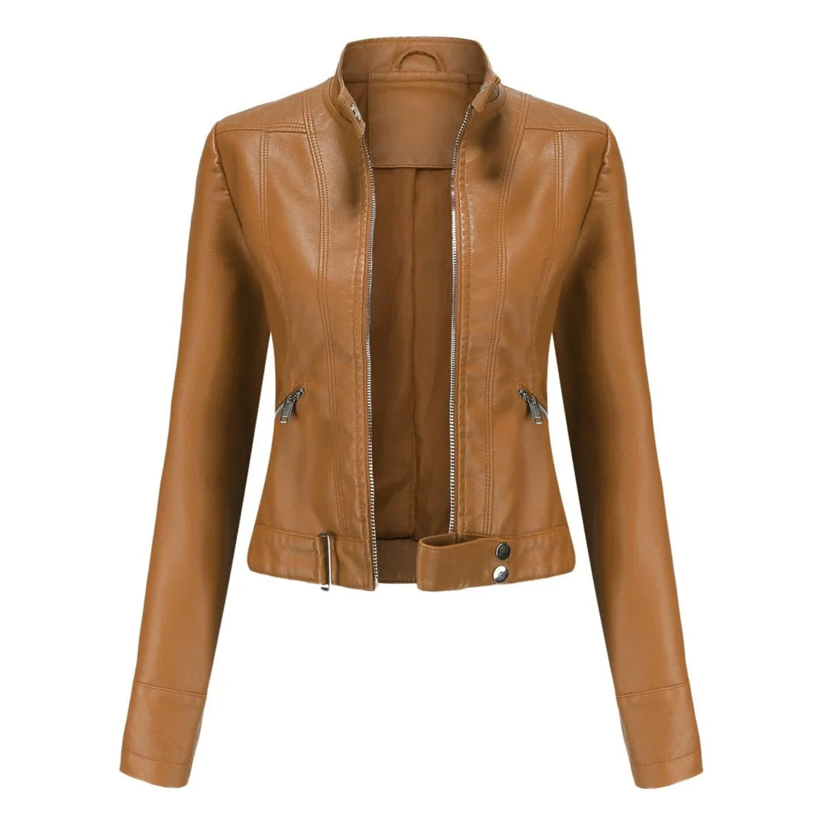 Women's cropped faux leather jacket stand-collar moto biker – Light Brown
