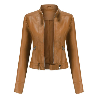 Women's cropped faux leather jacket stand-collar moto biker – Light Brown