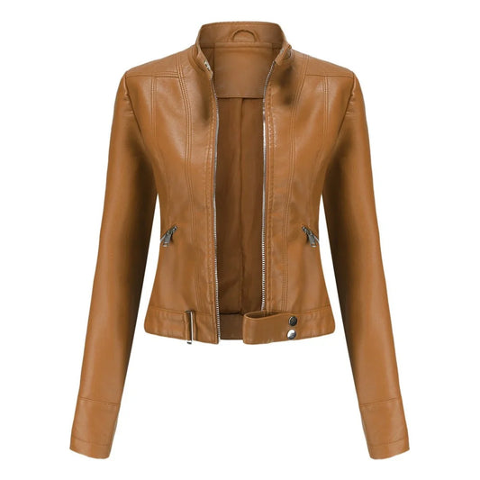 Women's cropped faux leather jacket stand-collar moto biker – Light Brown
