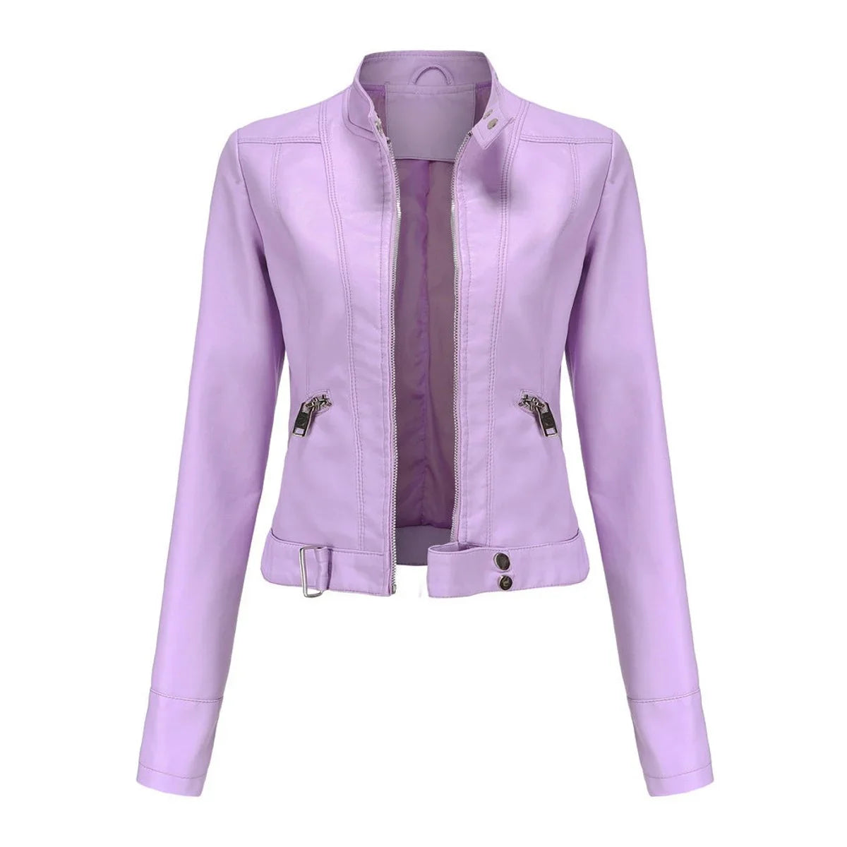 Women's cropped faux leather jacket stand-collar moto biker – Lilac