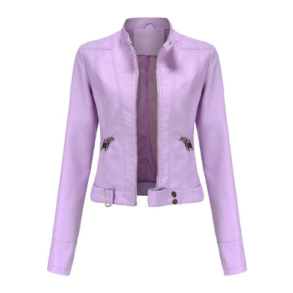 Women's cropped faux leather jacket stand-collar moto biker – Lilac