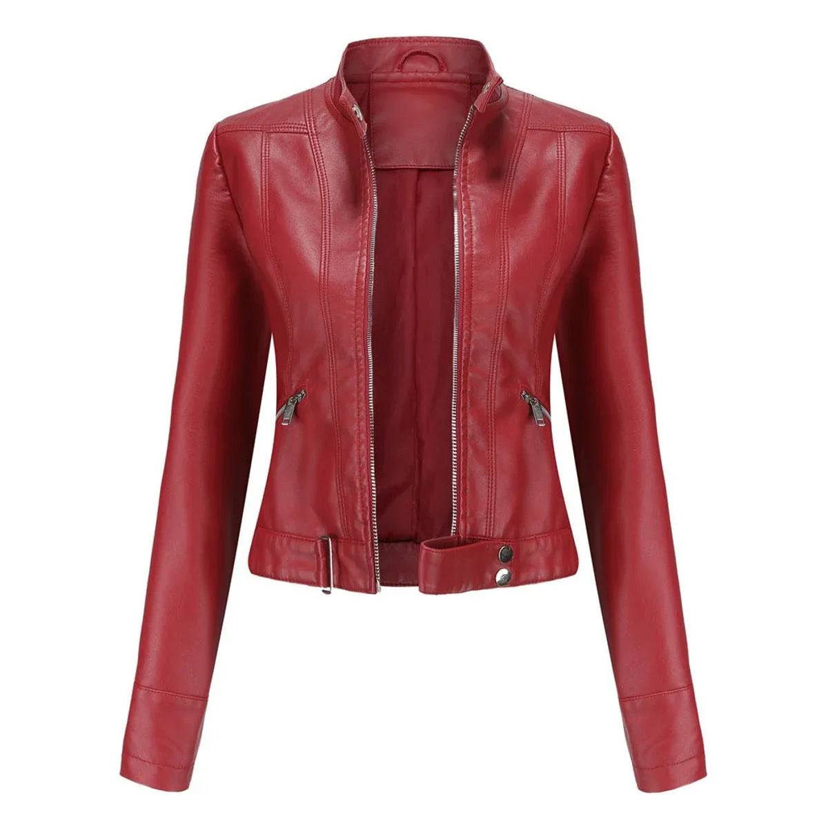 Women's cropped faux leather jacket stand-collar moto biker – Red