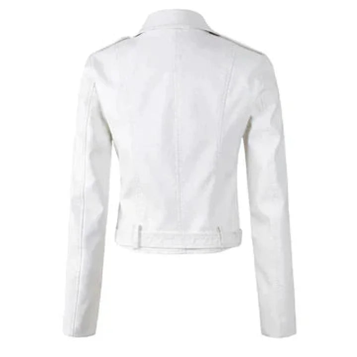 Women's cropped moto faux leather jacket belted biker