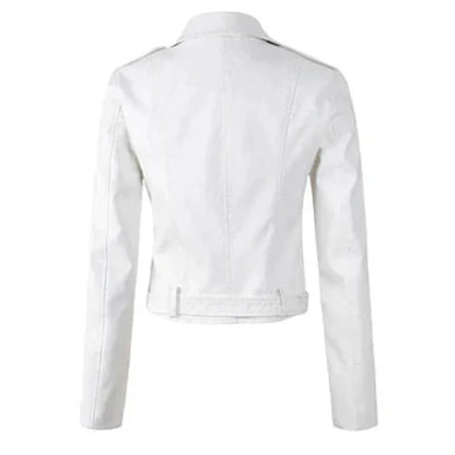 Women's cropped moto faux leather jacket belted biker