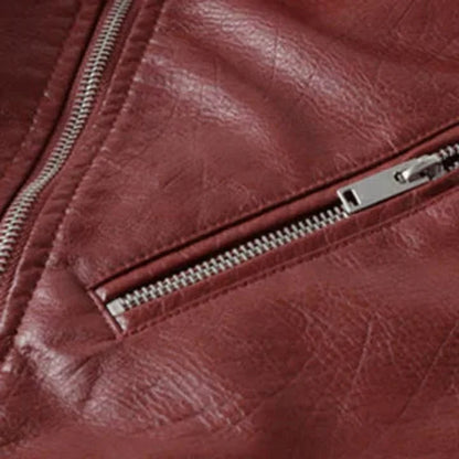 Women's cropped moto faux leather jacket belted biker