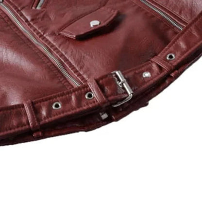 Women's cropped moto faux leather jacket belted biker