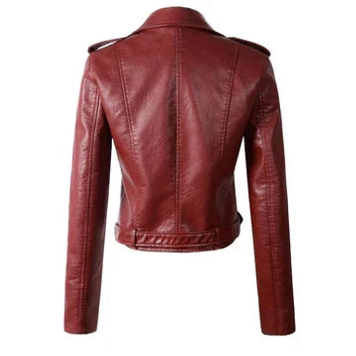 Women's cropped moto faux leather jacket belted biker
