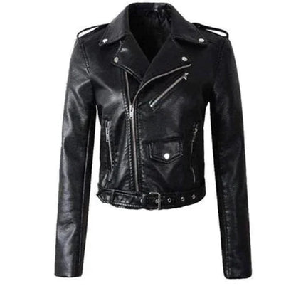 Women's cropped moto faux leather jacket belted biker – Black