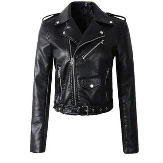 Women's cropped moto faux leather jacket belted biker – Black