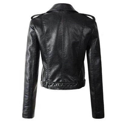 Women's cropped moto faux leather jacket belted biker