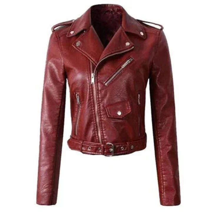 Women's cropped moto faux leather jacket belted biker – Red