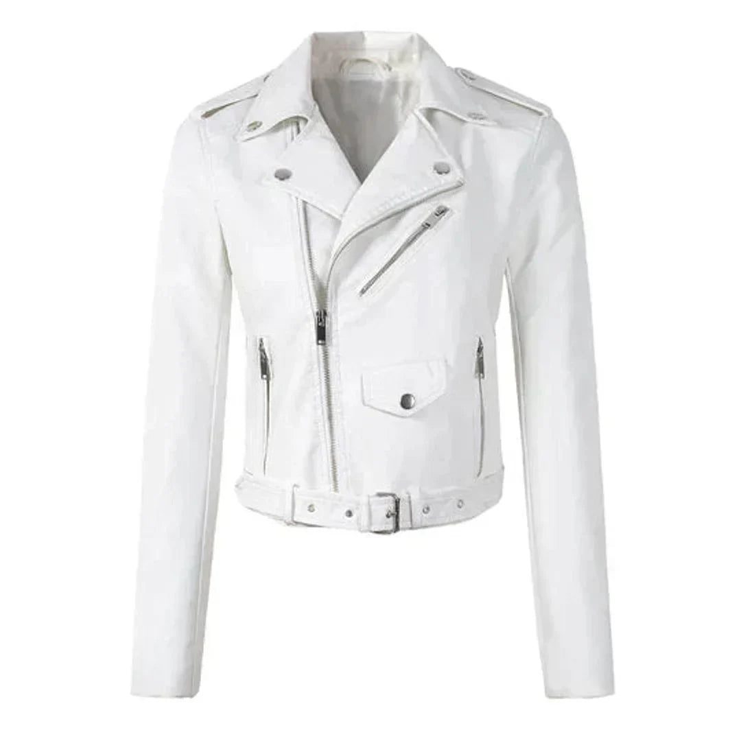 Women's cropped moto faux leather jacket belted biker – White