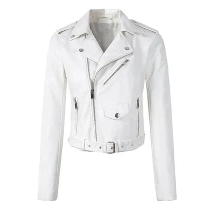 Women's cropped moto faux leather jacket belted biker – White