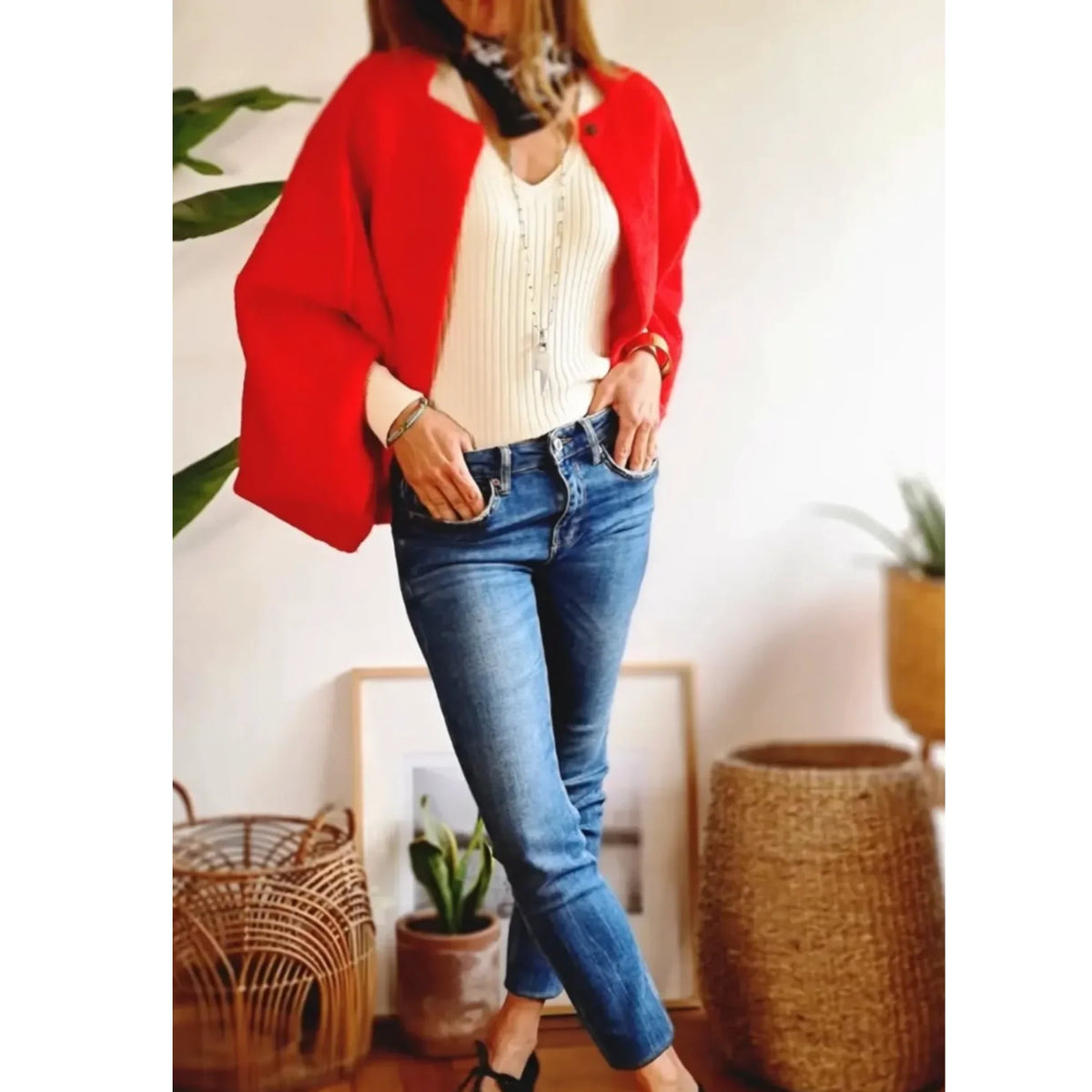 Women's cropped soft knit cardigan with wide-sleeve stand-collar front