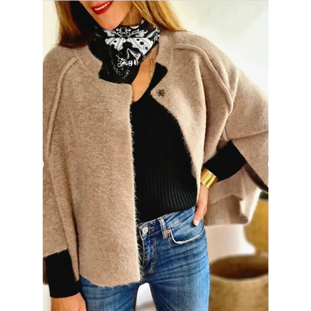 Women's cropped soft knit cardigan with wide-sleeve stand-collar front