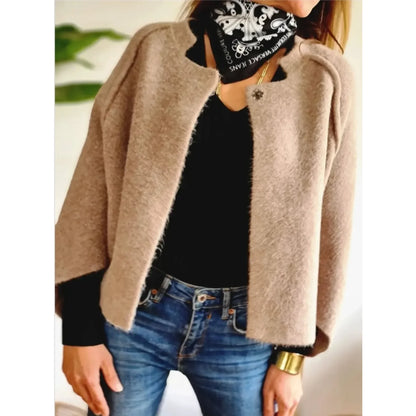 Women's cropped soft knit cardigan with wide-sleeve stand-collar front