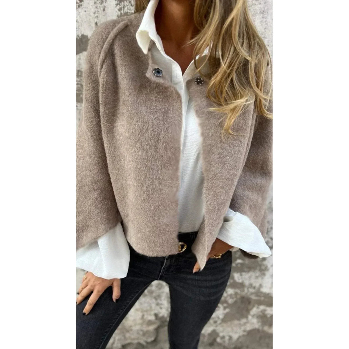 Women's cropped soft knit cardigan with wide-sleeve stand-collar front – Beige
