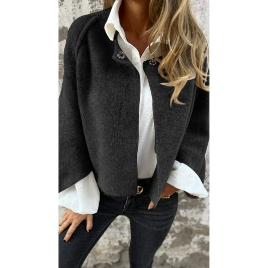 Women's cropped soft knit cardigan with wide-sleeve stand-collar front – Black