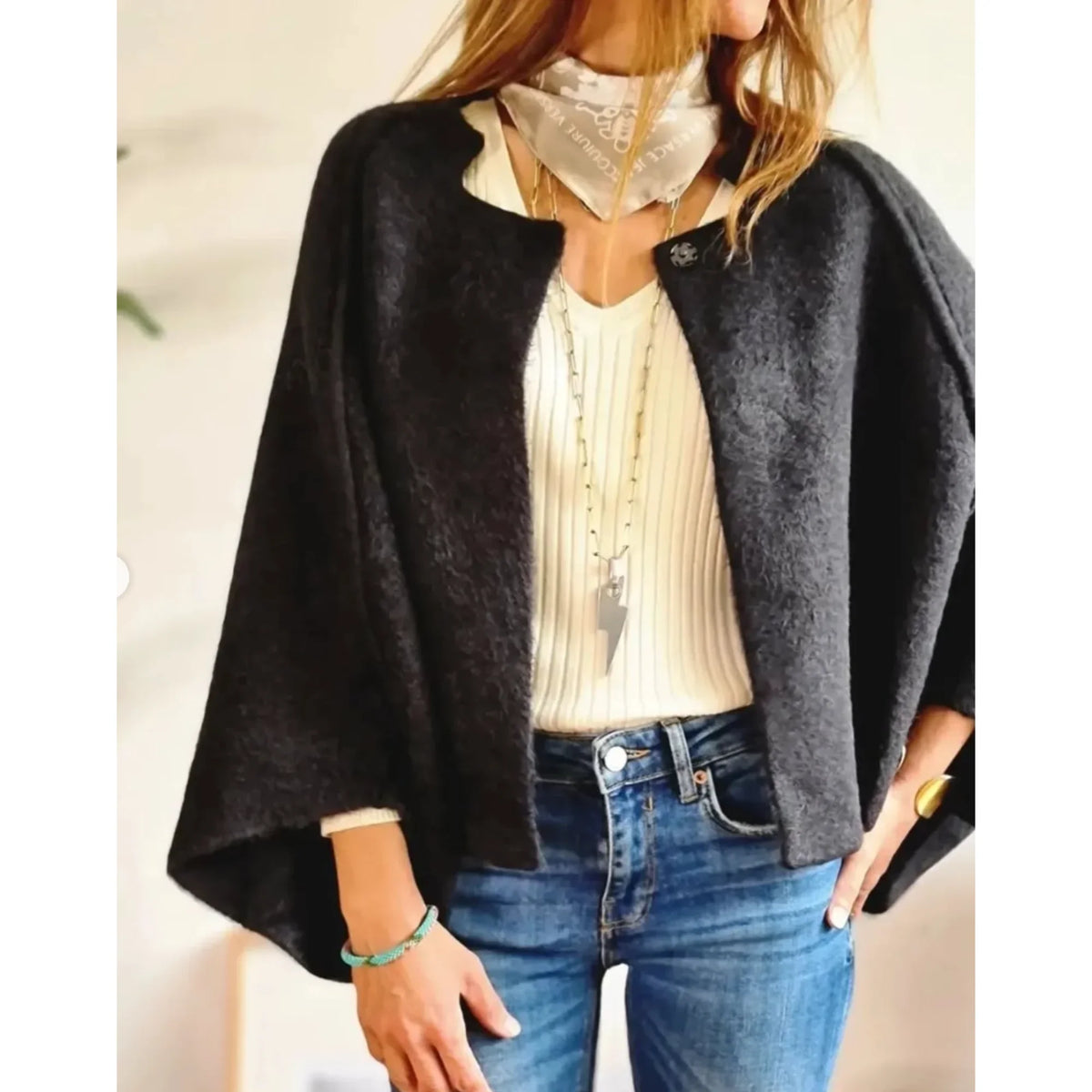 Women's cropped soft knit cardigan with wide-sleeve stand-collar front