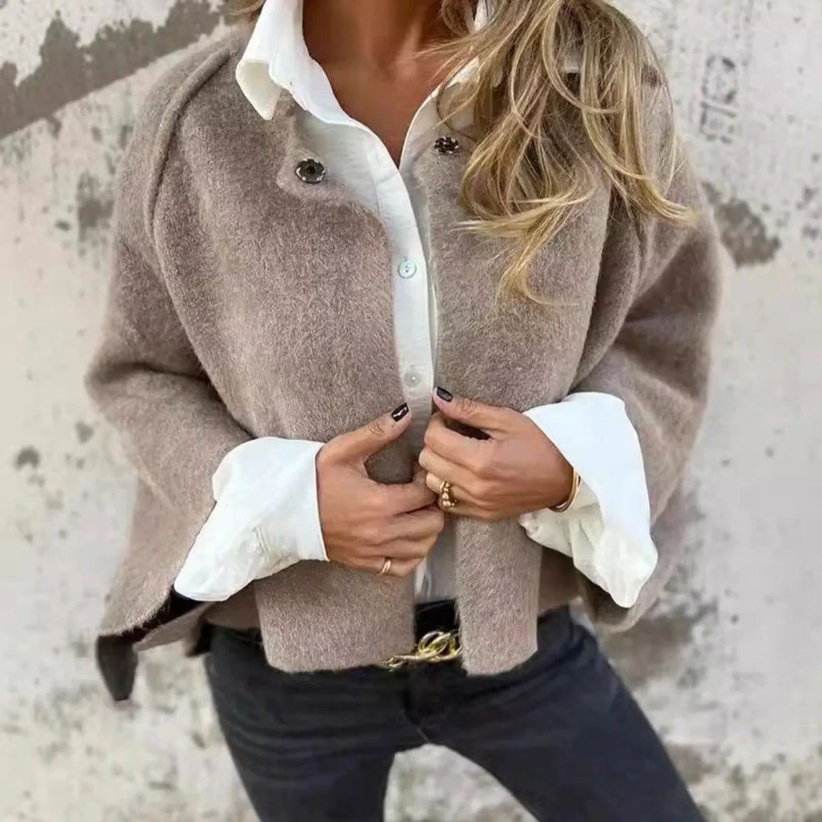 Women's cropped soft knit cardigan with wide-sleeve stand-collar front