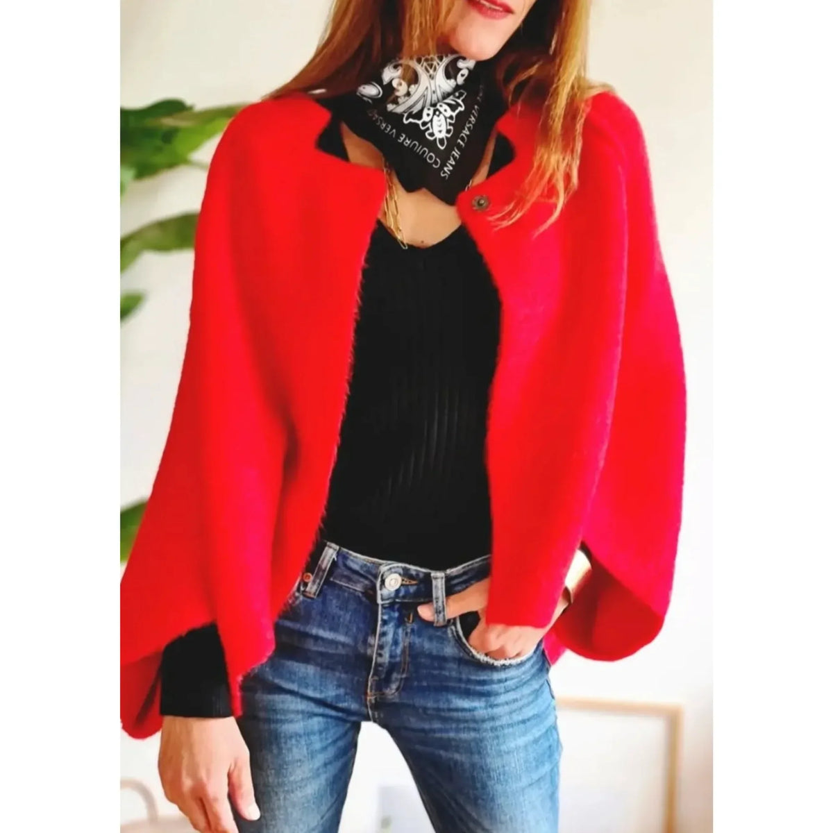 Women's cropped soft knit cardigan with wide-sleeve stand-collar front