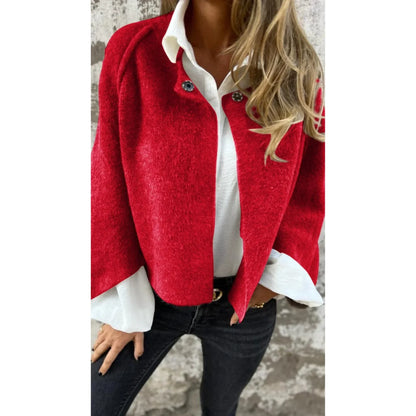 Women's cropped soft knit cardigan with wide-sleeve stand-collar front – Red