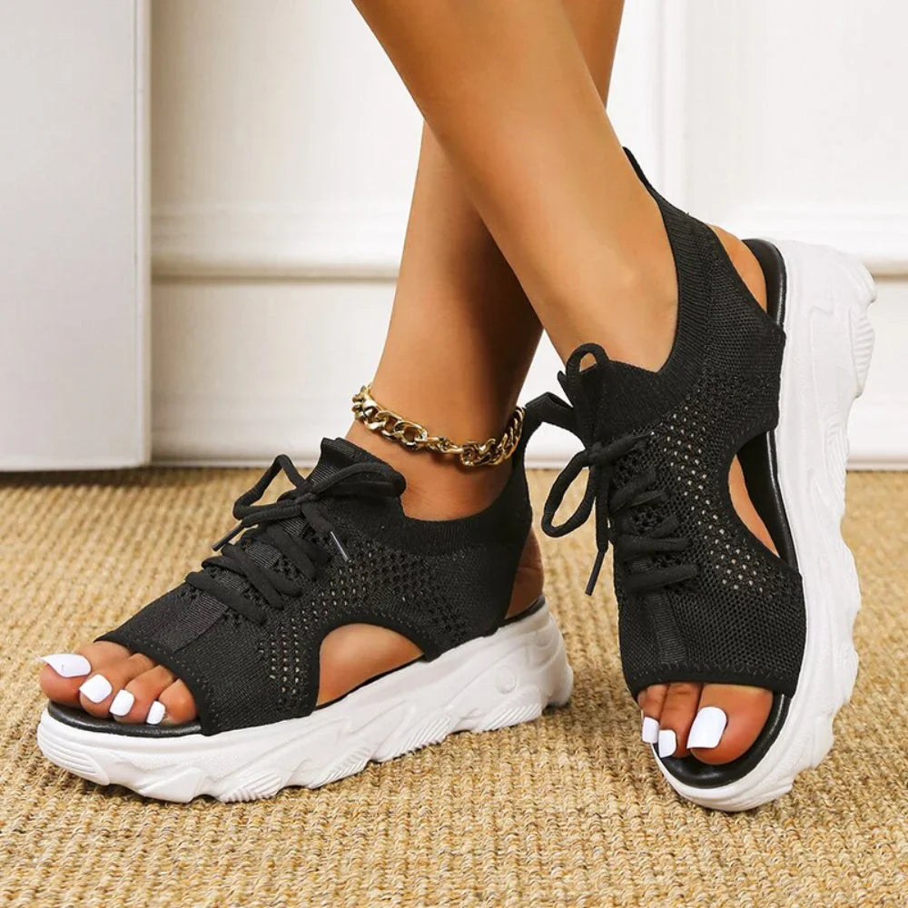 Women's cushioned knit mesh sandals with open-toe lace-up design and chunky sole