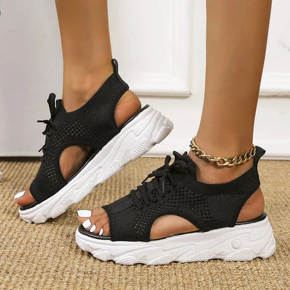 Women's cushioned knit mesh sandals with open-toe lace-up design and chunky sole