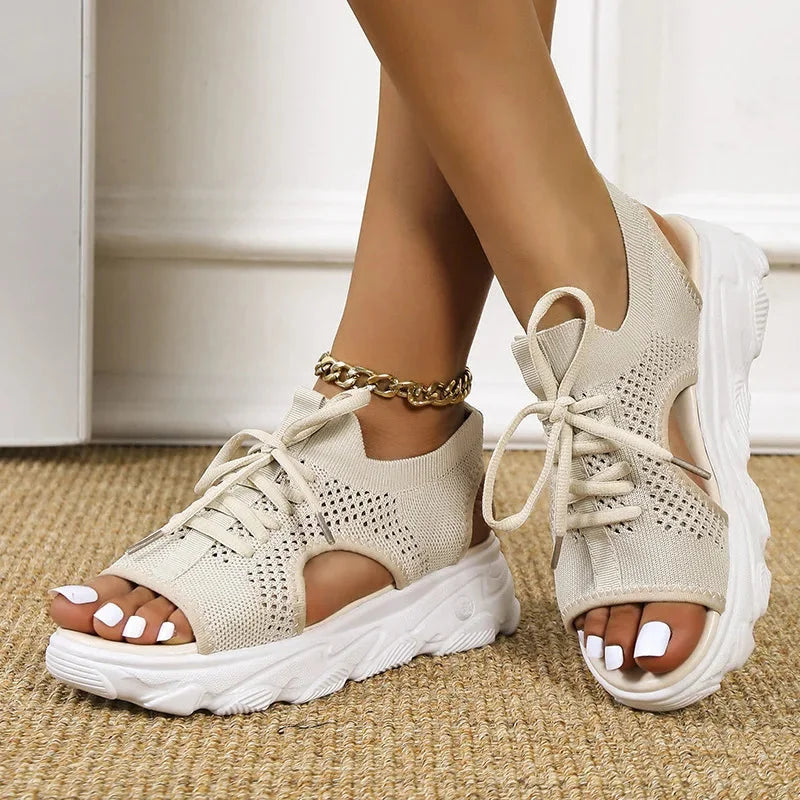 Women's cushioned knit mesh sandals with open-toe lace-up design and chunky sole