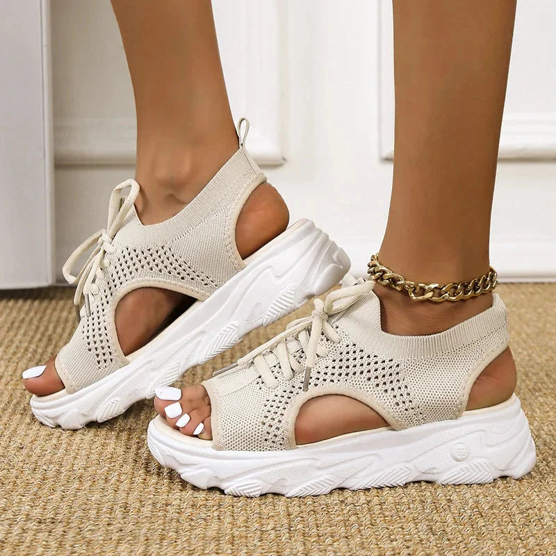 Women's cushioned knit mesh sandals with open-toe lace-up design and chunky sole