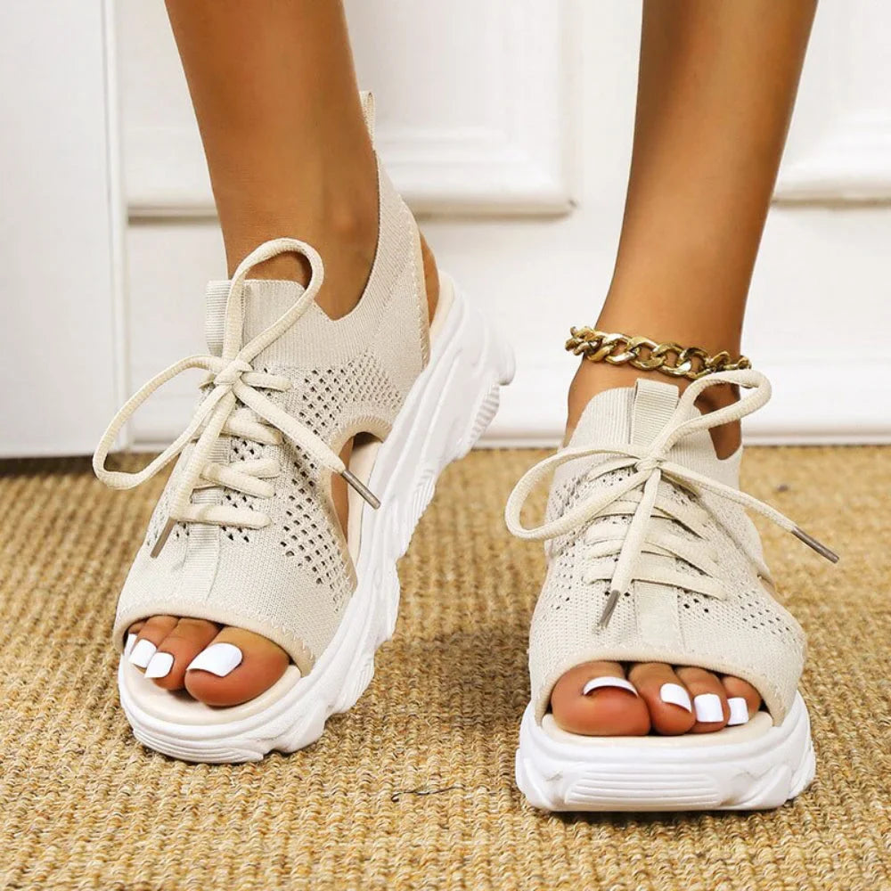 Women's cushioned knit mesh sandals with open-toe lace-up design and chunky sole – Beige