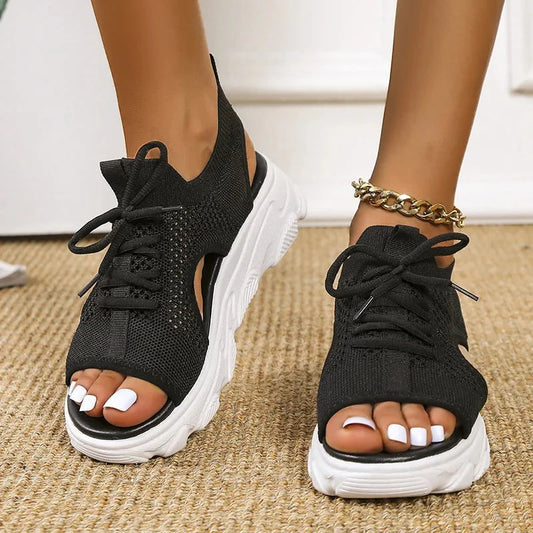 Women's cushioned knit mesh sandals with open-toe lace-up design and chunky sole – Black