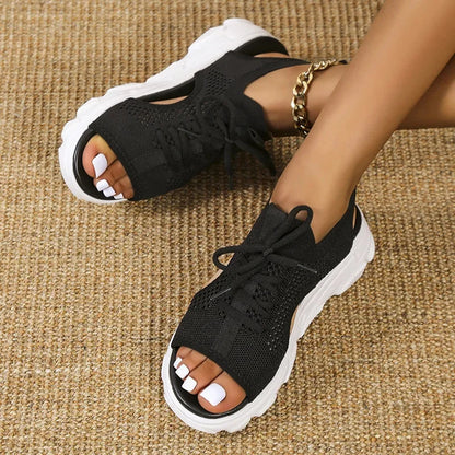 Women's cushioned knit mesh sandals with open-toe lace-up design and chunky sole