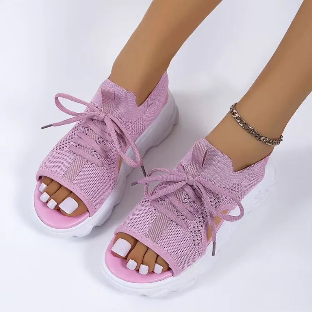 Women's cushioned knit mesh sandals with open-toe lace-up design and chunky sole – Pink