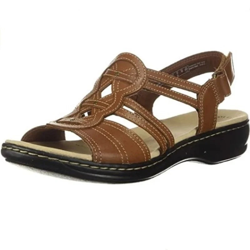 Women's cushioned leather woven sandals with adjustable ankle strap – Brown
