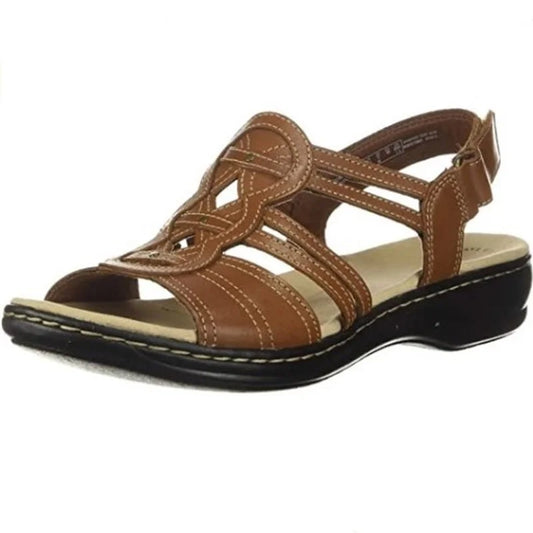 Women's cushioned leather woven sandals with adjustable ankle strap – Brown