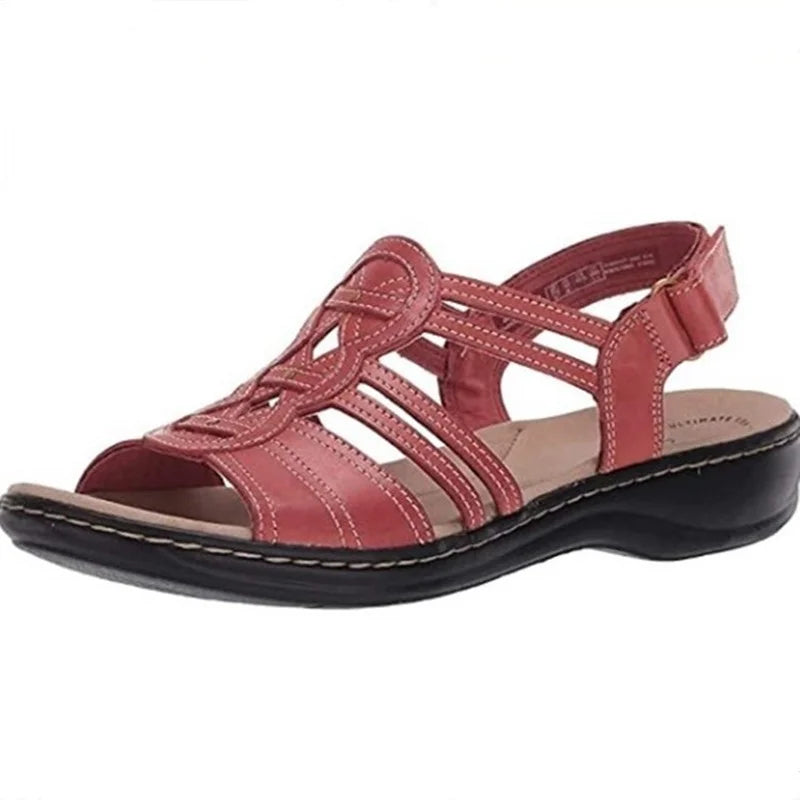 Women's cushioned leather woven sandals with adjustable ankle strap – Red