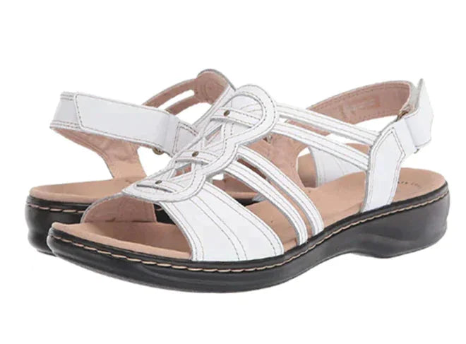 Women's cushioned leather woven sandals with adjustable ankle strap – White
