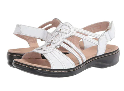Women's cushioned leather woven sandals with adjustable ankle strap – White