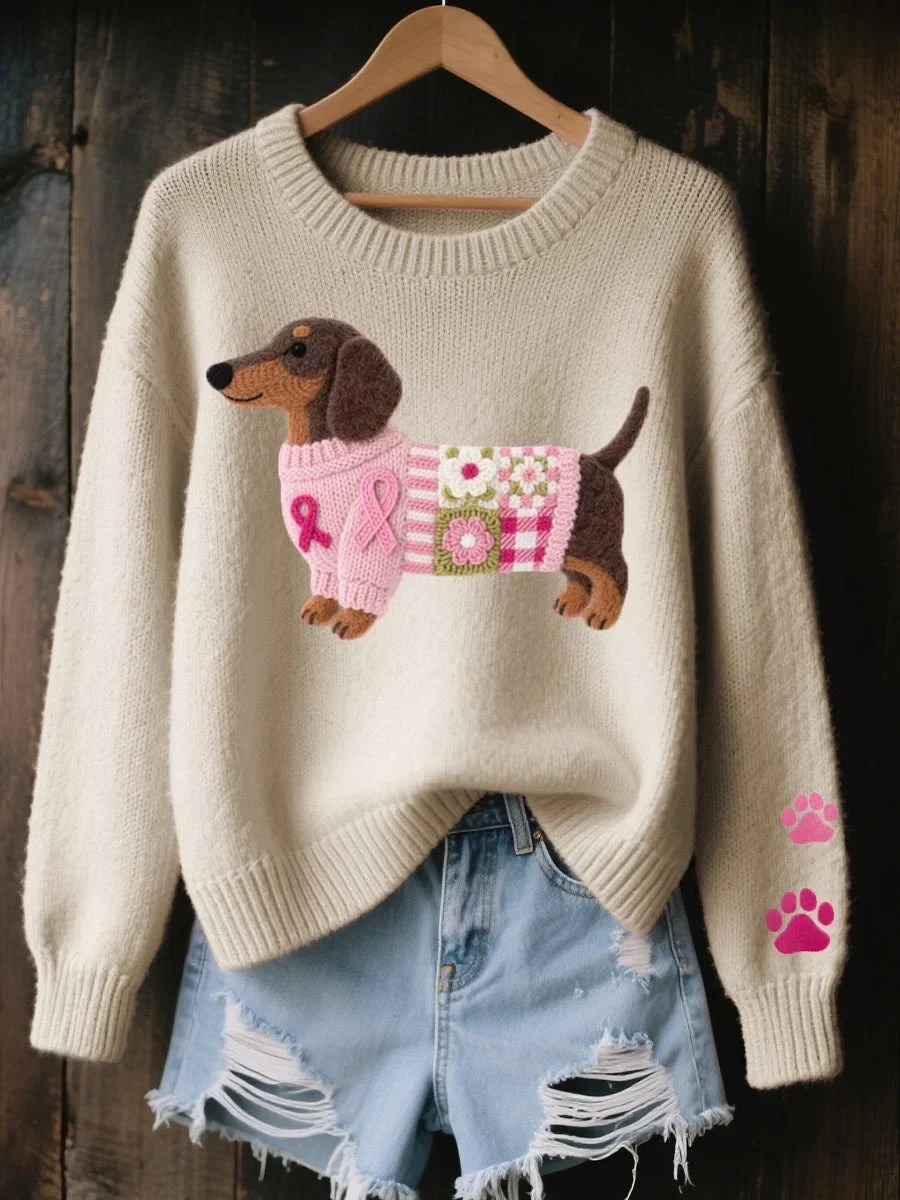 Women's dachshund patchwork crewneck knit sweater – Beige
