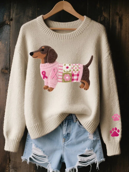 Women's dachshund patchwork crewneck knit sweater – Beige