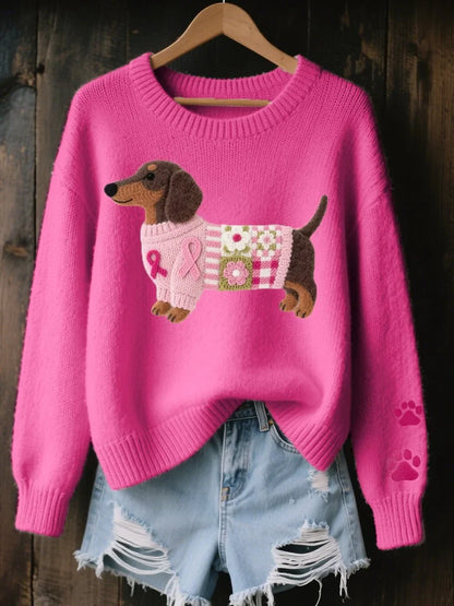 Women's dachshund patchwork crewneck knit sweater – Dark Pink